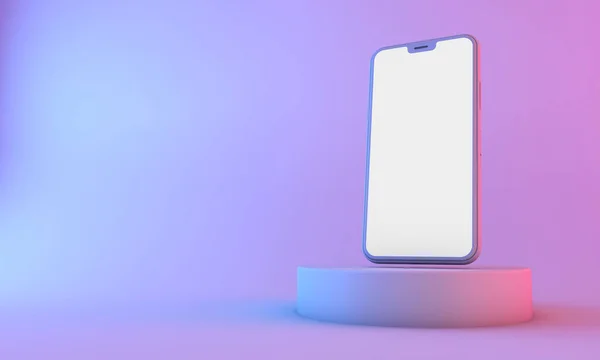 Smartphone maketa s bílou obrazovkou s neonovým osvětlením. 3D vykreslení — Stock fotografie