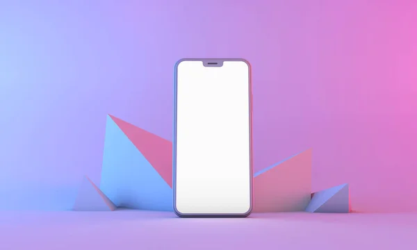 Smartphone-Attrappe mit leerem weißen Bildschirm mit Neonbeleuchtung. 3D-Darstellung — Stockfoto