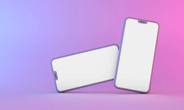 Smartphone mockup com tela branca em branco com iluminação de néon. Renderização 3D — Fotografia de Stock