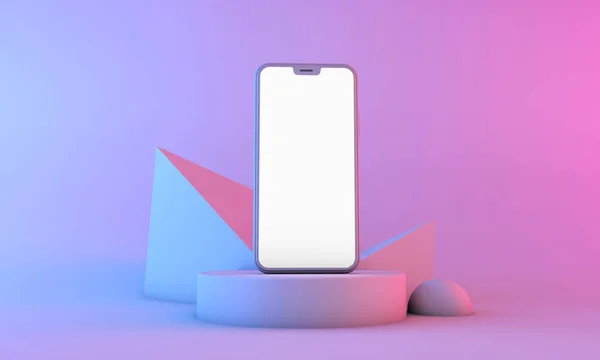 Mockup smartphone con schermo bianco vuoto con illuminazione al neon. Render 3D — Foto Stock