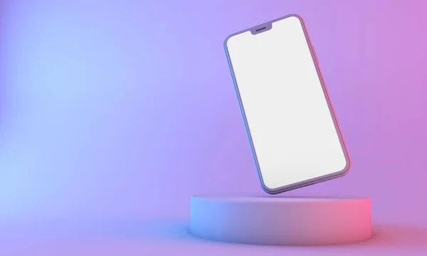 Mockup smartphone con schermo bianco vuoto con illuminazione al neon. Render 3D — Foto Stock