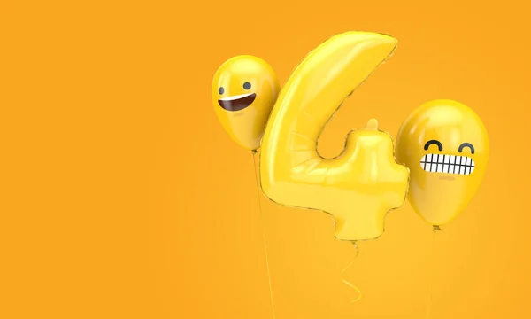 Ballon d'anniversaire numéro 4 avec des ballons emoji visages. Expéditeur 3D — Photo