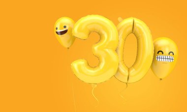 30 numaralı doğum günü balonu ve yüz ifadeli balonlar. 3d Hazırlama