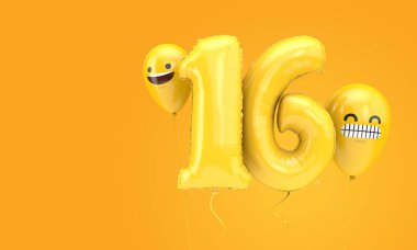 Number 16 birthday ballloon with emoji faces balloons. 3D Render clipart