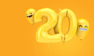 20 numaralı doğum günü balonu ve yüz ifadeli balonlar. 3d Hazırlama
