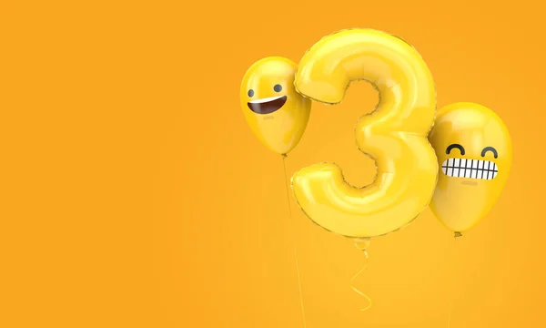 Palloncino di compleanno numero 3 con faccine emoji palloncini. Render 3D — Foto Stock