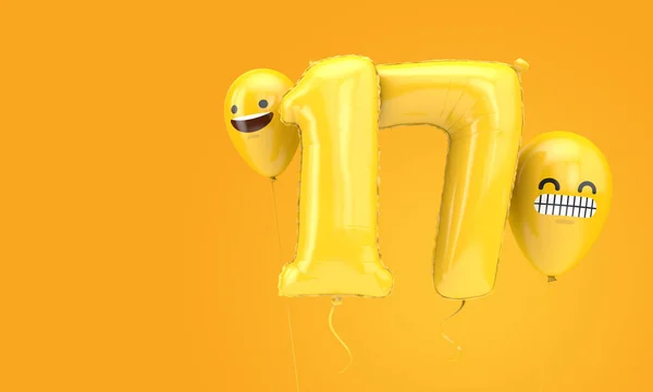 Balon urodzinowy numer 17 z emotkami na twarzy balonów. 3d Renderowanie — Zdjęcie stockowe
