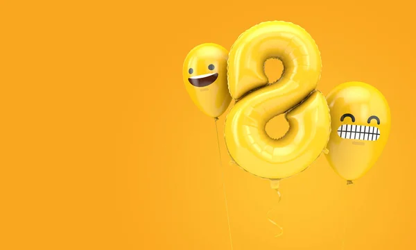 Ballon d'anniversaire numéro 8 avec des ballons emoji visages. Expéditeur 3D — Photo