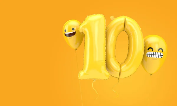 Balon urodzinowy numer 10 z emotkami na twarzy. 3d Renderowanie — Zdjęcie stockowe