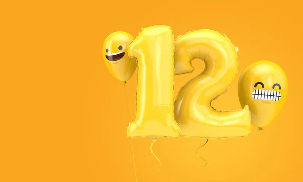 Bola de aniversário número 12 com emoji enfrenta balões. Renderização 3D — Fotografia de Stock