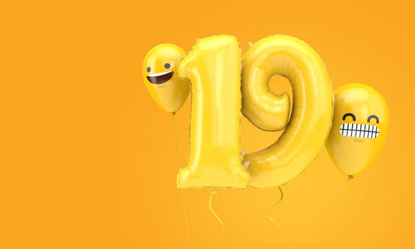 Bola de aniversário número 19 com emoji enfrenta balões. Renderização 3D — Fotografia de Stock