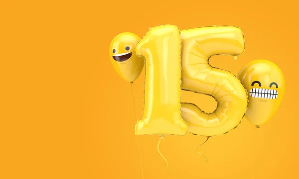 Bola de aniversário número 15 com emoji enfrenta balões. Renderização 3D — Fotografia de Stock