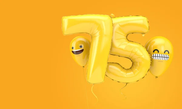 Νούμερο 75 μπαλόνι γενεθλίων με emoji αντιμετωπίζει μπαλόνια. 3d αποτύπωση — Φωτογραφία Αρχείου