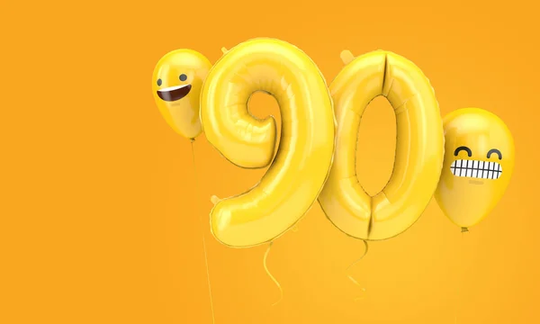 Νούμερο 90 μπαλόνι γενεθλίων με emoji αντιμετωπίζει μπαλόνια. 3d αποτύπωση — Φωτογραφία Αρχείου