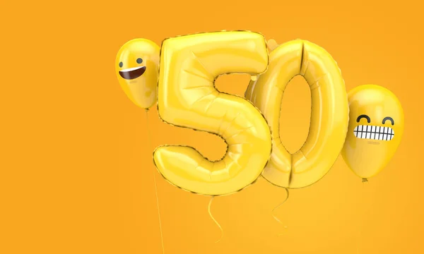 Číslo 50 narozeninový balónek s balónky s emoji tváří. 3D vykreslení — Stock fotografie