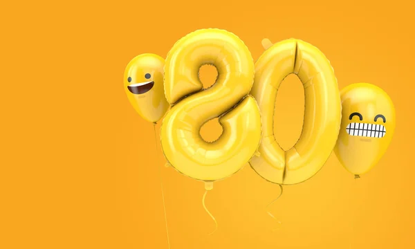 Bola de aniversário número 80 com emoji enfrenta balões. Renderização 3D — Fotografia de Stock