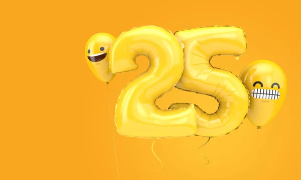 Globo de cumpleaños número 25 con globos emoji caras. Renderizado 3D — Foto de Stock