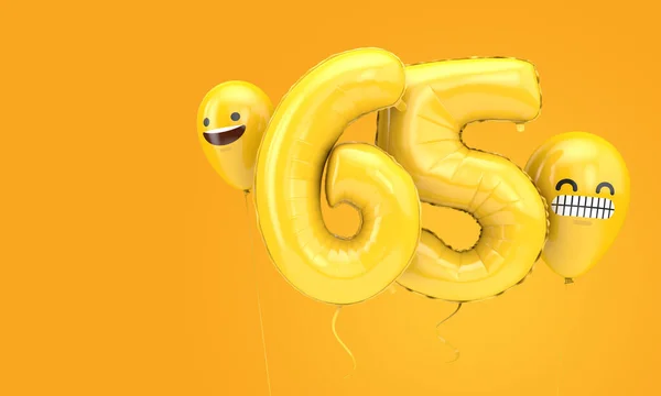 Ballon d'anniversaire numéro 65 avec des ballons emoji visages. Expéditeur 3D — Photo