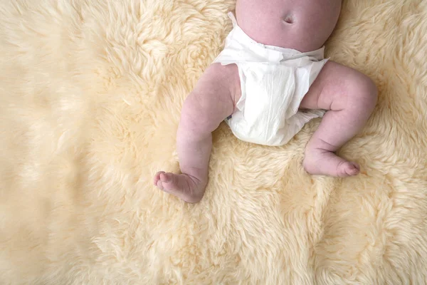 Newborn baby legs with white nappy, diaper on a fur background. — Stock Photo, Image