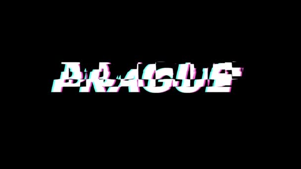 Prague city label glitch animation on a plain black background — Stock video