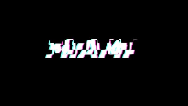 Miami ciudad etiqueta glitch animación sobre un fondo negro llano — Vídeo de stock