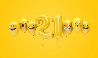 21 numaralı sarı doğum günü emojisi balonlara bakıyor. 3d Render