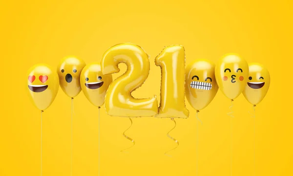 Número 21 emoji aniversário amarelo enfrenta balões. Renderização 3D — Fotografia de Stock