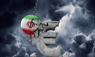 Avrupa para birimi sembolünü ezen İran bayrak topu. 3d Hazırlama