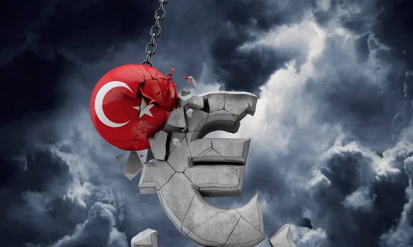 Bola bendera Turki menghancurkan simbol mata uang Euro Eropa. Perender 3D — Stok Foto