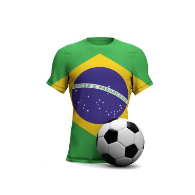 Brezilya futbol tişörtü, ulusal bayrak ve futbol topu. 3d Ren