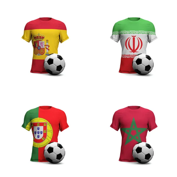 Grupo B Camisetas de fútbol con banderas nacionales y balón de fútbol. 3D —  Fotos de Stock