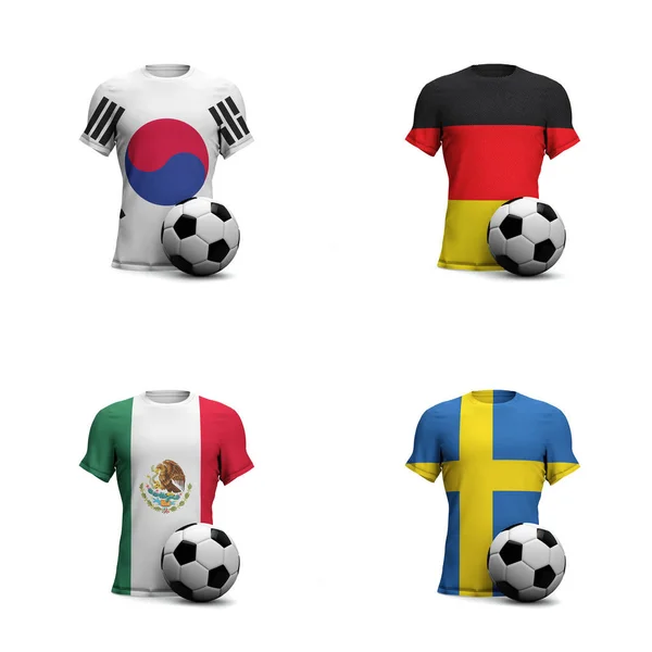 Group F Soccer shirts with national flags and football ball. 3D