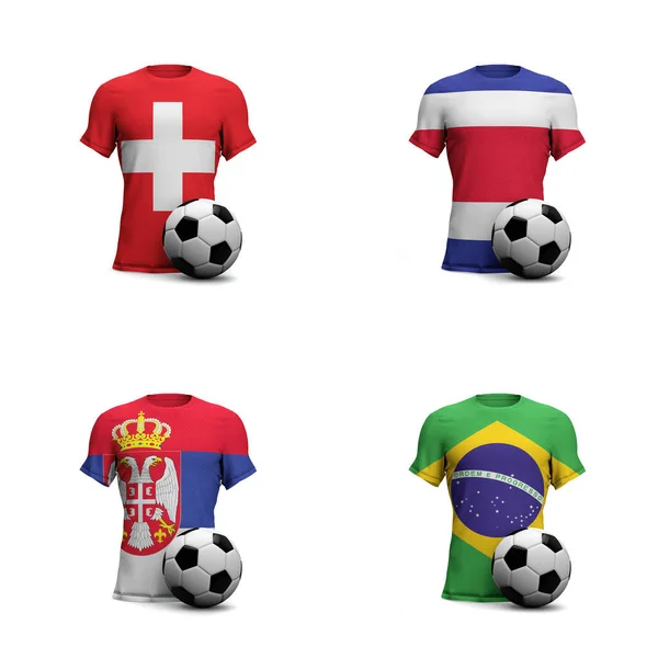Group E Soccer shirts with national flags and football ball. 3D