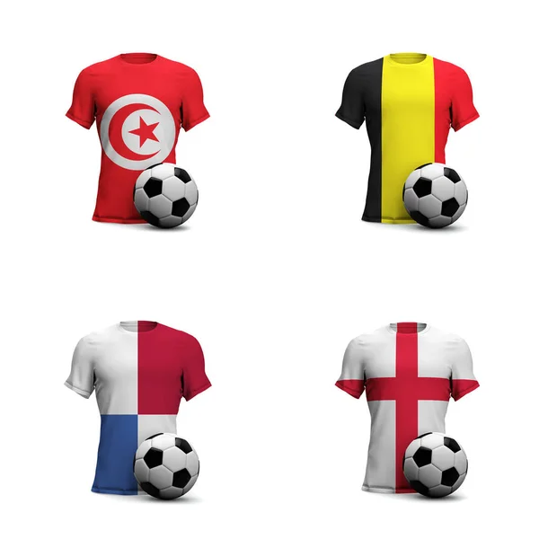 Grupo G Camisetas de fútbol con banderas nacionales y balón de fútbol. 3D —  Fotos de Stock