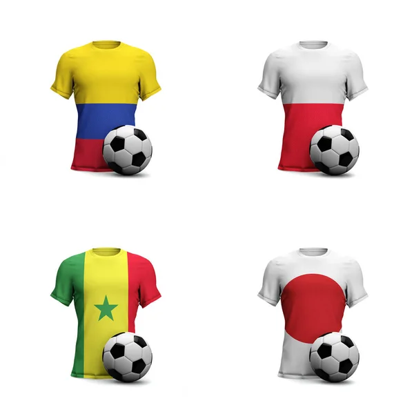 Group H Soccer shirts with national flags and football ball. 3D