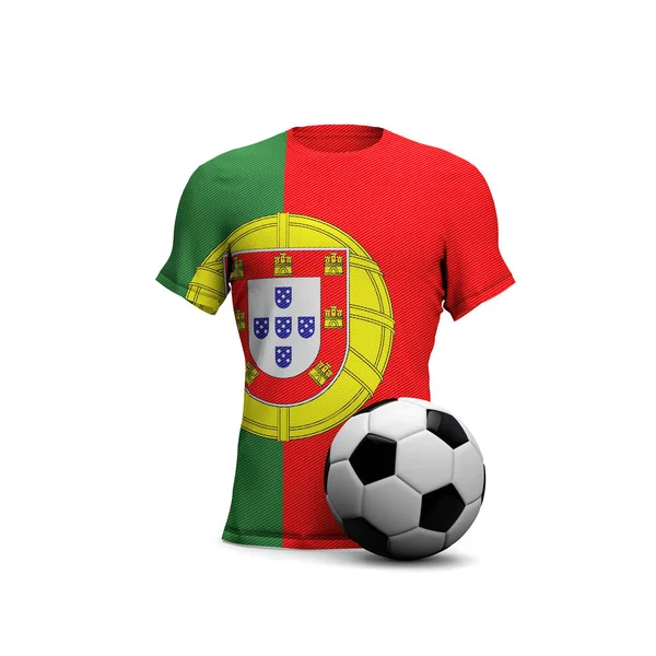 Camicia da calcio portoghese con bandiera nazionale e pallone da calcio. 3D R — Foto Stock