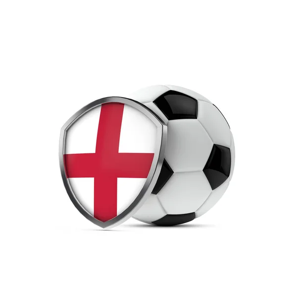 Bouclier du drapeau national anglais avec un ballon de football. Rendu 3D — Photo