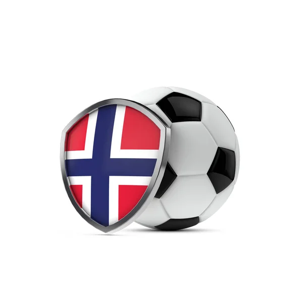 Εθνική σημαία Νορβηγίας ασπίδα με μπάλα ποδοσφαίρου. 3d απόδοση — Φωτογραφία Αρχείου