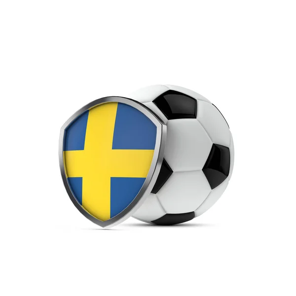 Escudo de la bandera nacional de Suecia con una pelota de fútbol. Renderizado 3D — Foto de Stock