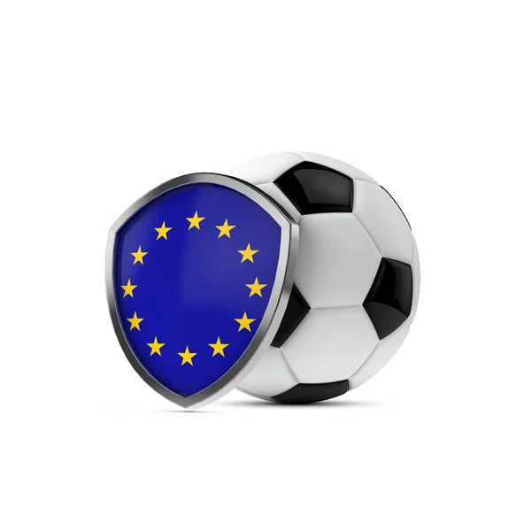 Escudo bandera de la Unión Europea con una pelota de fútbol. Renderizado 3D —  Fotos de Stock