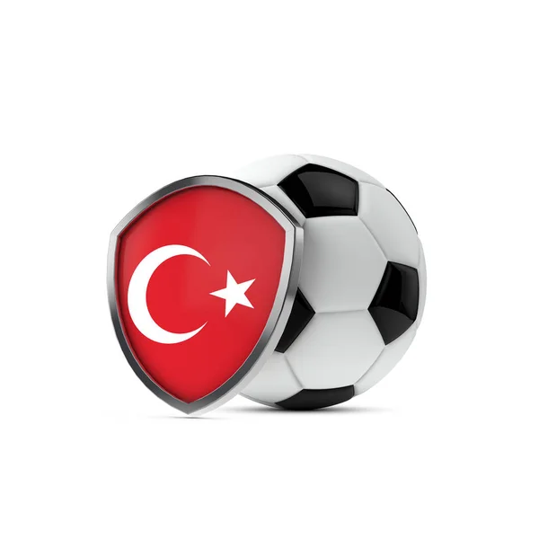 Tameng bendera nasional Turki dengan bola sepak. Perenderan 3D — Stok Foto