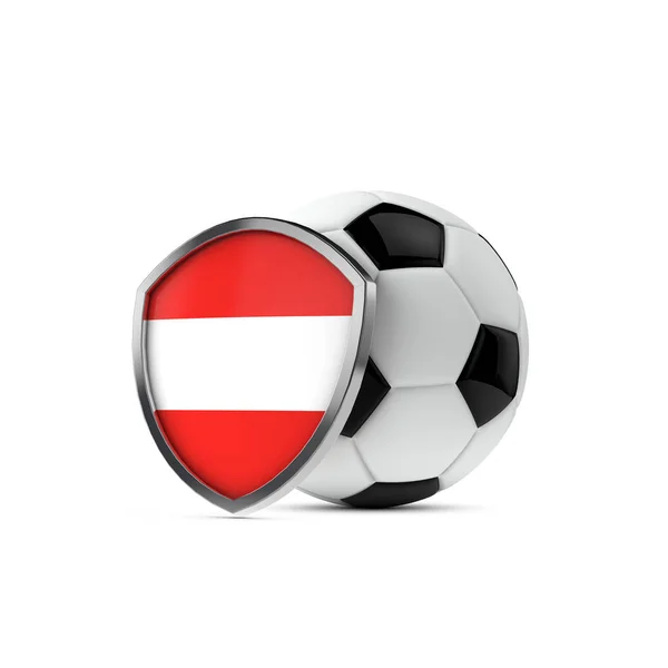 Εθνική σημαία της Αυστρίας ασπίδα με μια μπάλα ποδοσφαίρου. 3d απόδοση — Φωτογραφία Αρχείου
