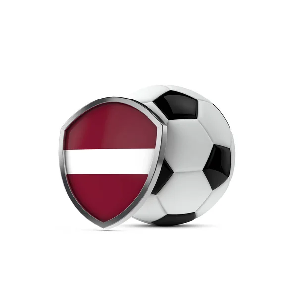 Letland nationale vlag schild met een voetbal. 3d Rendering — Stockfoto