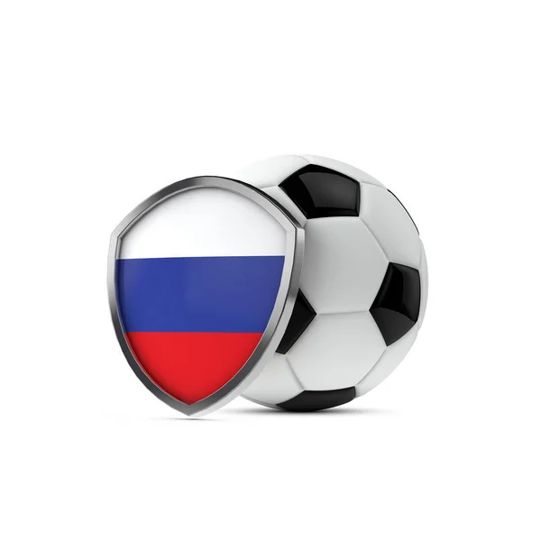 Schild der russischen Nationalflagge mit einem Fußball. 3D-Darstellung — Stockfoto