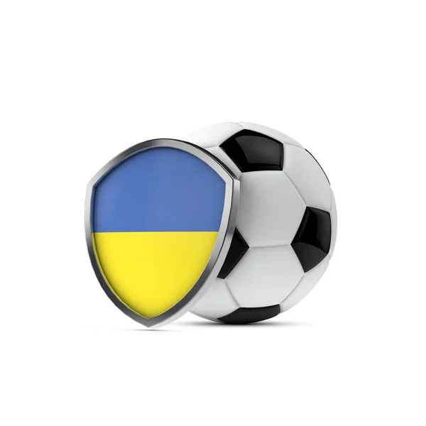 Ukraina nationella flaggan sköld med en fotboll. 3D-konvertering — Stockfoto