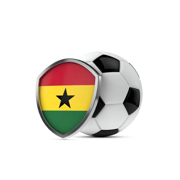 Bouclier du drapeau national du Ghana avec un ballon de football. Rendu 3D — Photo