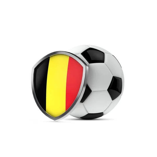 Bouclier du drapeau national belge avec un ballon de football. Rendu 3D — Photo