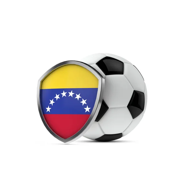 Εθνική σημαία Βενεζουέλας ασπίδα με μια μπάλα ποδοσφαίρου. 3d απόδοση — Φωτογραφία Αρχείου