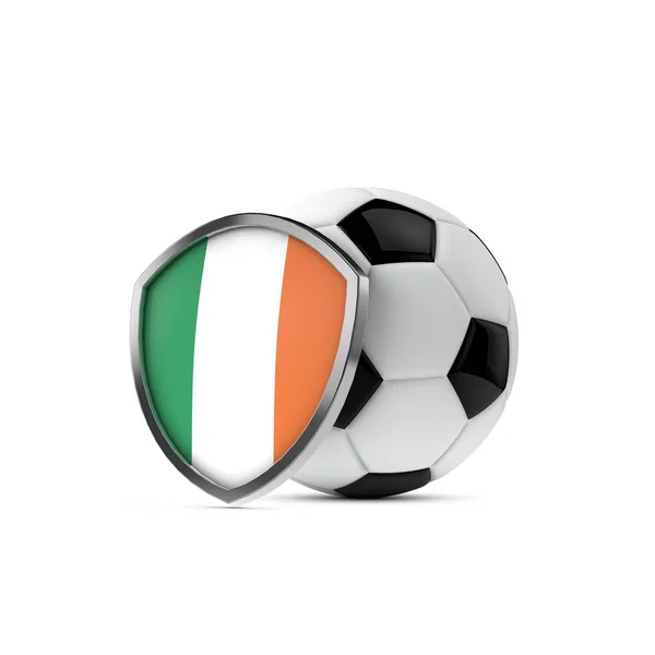 Irlanda scudo bandiera nazionale con un pallone da calcio. Rendering 3D — Foto Stock
