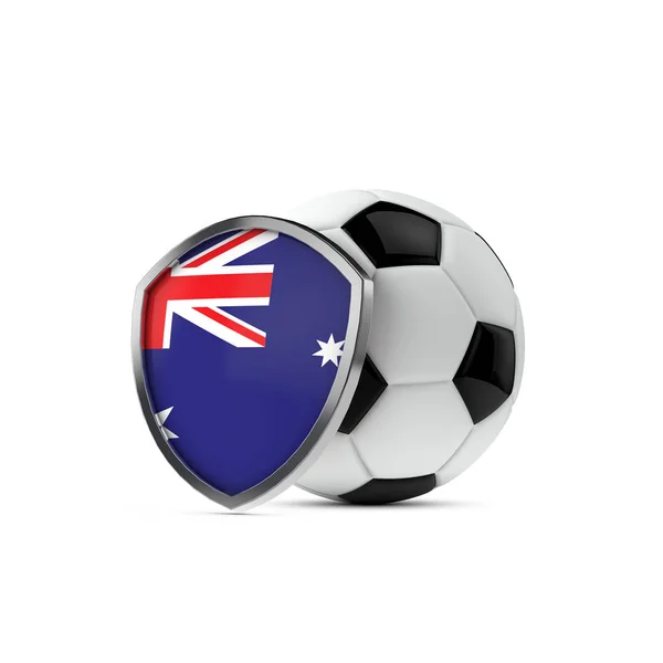 Bouclier du drapeau australien avec un ballon de football. Rendu 3D — Photo